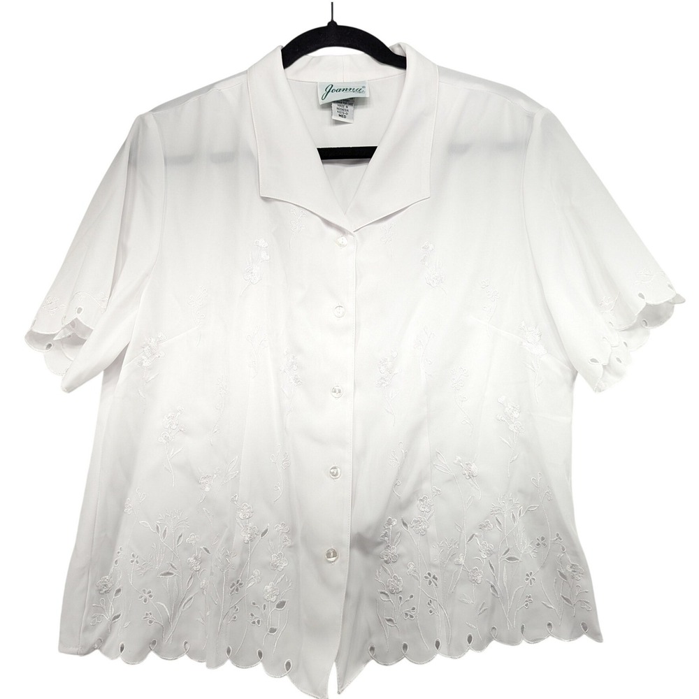 Joanna White Floral Embroidered Scalloped Hem Short Sleeve Blouse Medium
